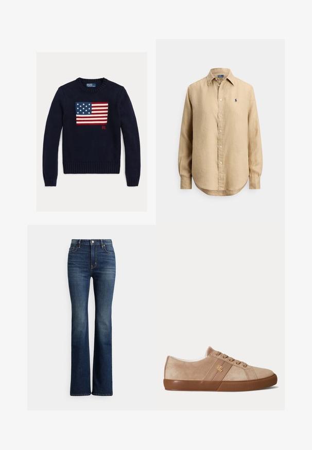 Suéter de punto azul marino con un diseño texturizado de la bandera estadounidense en rojo, blanco y azul. Puños y dobladillo acanalados, con el logo "RL" cerca del dobladillo.; Camisa beige de manga larga con botones, cuello puntiagudo y pequeño logo bordado en azul marino en el lado izquierdo del pecho.; Vaqueros acampanados de tiro alto en azul oscuro con botón frontal y bolsillos, con un ligero desgaste en los muslos y las zonas de las rodillas, mostrados sobre un fondo blanco.; Zapatilla baja de ante beige con suela de goma marrón, cordones a juego y un pequeño logo dorado "RLL" en el lateral.