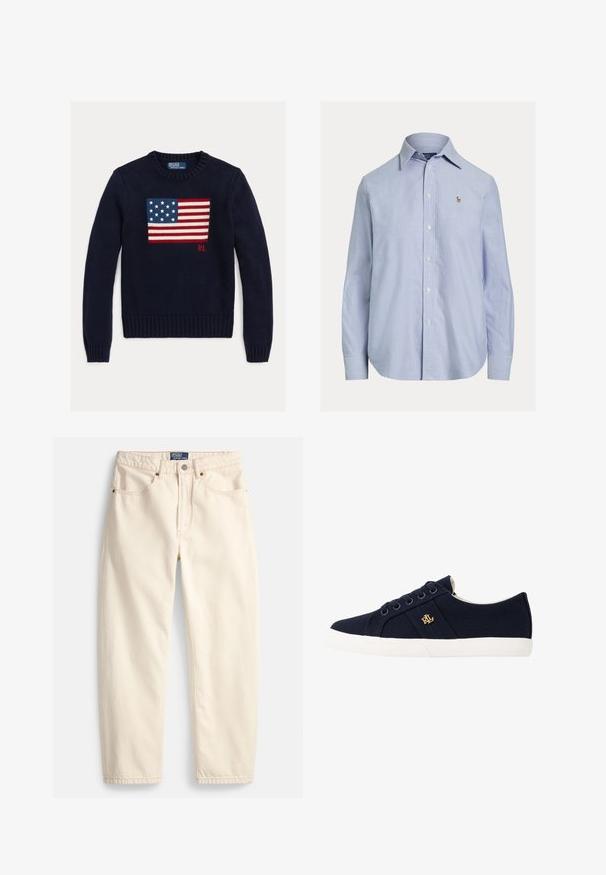 Tumesinine kudumistest kampsun, millel on tekstuuriga Ameerika lipu disain punases, valges ja sinises. Soonilised mansetid ja ääred ning "RL" logo ääre lähedal.; Hele sinine pikkade varrukatega nööbitav särk, terava kraega ja väikese tikitud logoga vasakul rinnal.; Kreemikas teksariidest sirge säärega püksid, ees taskud ja peene pealõikega detail. Metallist nööp ja tõmblukuga sulgemine.; Lauren Ralph Lauren JANSON II CANVAS SNEAKER - Tossud - navy