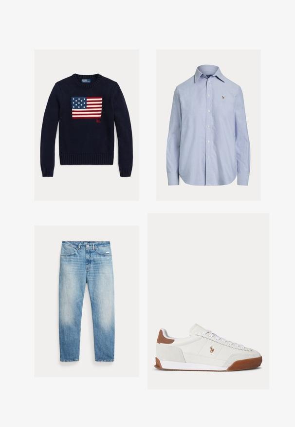 Marineblå strikket sweater med et tekstureret amerikansk flagdesign i rød, hvid og blå. Ribstrikkede manchetter og kant, med "RL"-logo nær kanten.; Lyseblå skjorte med lange ærmer og knapper, med spids krave og lille broderet logo på venstre bryst.; Lyseblå falmede jeans med lige ben, forlommer, knap- og lynlåslukning samt let slid på højre lår.; Hvid sneaker med lavt skaft med brune ruskindsdetaljer ved hæl og tå, hvide snørebånd og et lille brunt broderet logo på siden.