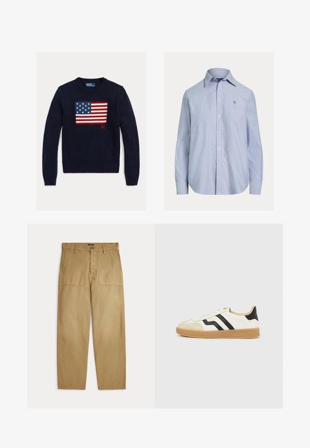 Marineblå strikket sweater med et tekstureret amerikansk flagdesign i rød, hvid og blå. Ribstrikkede manchetter og kant, med "RL"-logo nær kanten.; Lyseblå skjorte med lange ærmer og knapper, med spids krave og lille broderet logo på venstre bryst.; Beige bukser med lige ben, forlommer med lapper, bæltestropper og lukning med knap og lynlås.; Hvid sneaker med beige tåhæt, sorte sidelister, lysebrun sål og lavt snit.