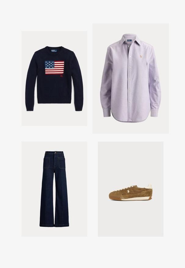 Tmavomodrý pletený sveter s textúrovaným motívom americkej vlajky v červenej, bielej a modrej farbe. Lemované manžety a spodný lem, s logom "RL" blízko spodného lemu.; Svetlofialová košeľa s dlhým rukávom na gombíky s golierom a malým vyšívaným logom na ľavej strane hrudníka, zobrazená na jednoduchom pozadí.; Tmavomodré džínsové nohavice širokého strihu s prednými našitými vreckami, pútkami na opasok a zapínaním na gombíky na jednoduchom svetlom pozadí.; Hnedý semišový teniska s bielymi šnúrkami, bielym logom na boku a bielou pätkou, zobrazený v profile na jednoduchom pozadí.