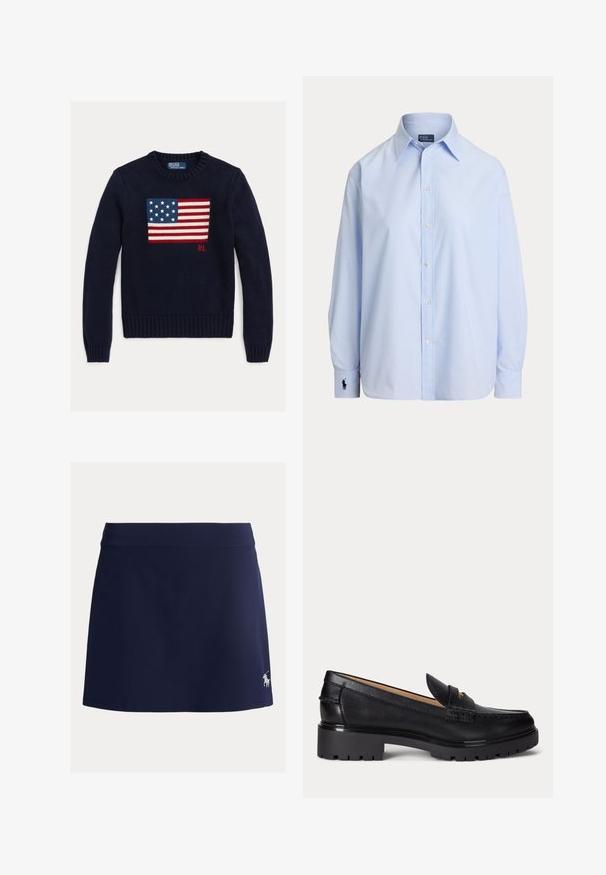 Pull en maille bleu marine avec un motif texturé du drapeau américain en rouge, blanc et bleu. Poignets et ourlet côtelés, avec le logo « RL » près de l'ourlet.; Chemise bleu clair à manches longues avec boutons, col pointu et logo brodé sur le poignet gauche, présentée sur fond blanc.; Skort bleu marine en tissu extensible, avec une large ceinture et un petit logo blanc représentant un cheval sur le bas gauche.; Mocassin en cuir noir avec semelle épaisse à relief, talon bas et bride décorative sur le devant.