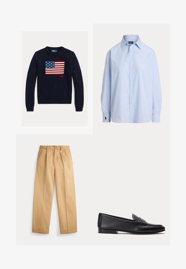 Marineblå strikket sweater med et tekstureret amerikansk flagdesign i rød, hvid og blå. Ribstrikkede manchetter og kant, med "RL"-logo nær kanten.; Lyseblå langærmet skjorte med knapper og spids krave samt broderet logo på venstre manchet, vist på hvid baggrund.; Beige bukser med lige ben, lukning med knap og lynlås, forlommer, bæltestropper og pressede folder ned langs benene.; Sort tekstureret læderloafer med lav hæl og klassisk penny-stropdetalje, vist i profil mod en ensfarvet lys baggrund.