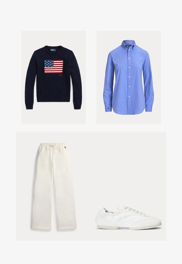 Pull en maille bleu marine avec un motif texturé du drapeau américain en rouge, blanc et bleu. Poignets et ourlet côtelés, avec le logo « RL » près de l'ourlet.; Chemise bleue à manches longues avec boutons, col classique et petit logo brodé sur le poignet gauche.; Pantalon de survêtement blanc à jambes larges avec taille élastique, cordon, poches latérales et petit logo bleu marine près de la poche droite.; Basket blanche profil bas avec lacets, panneau latéral en tissu lisse et semelle souple et flexible.