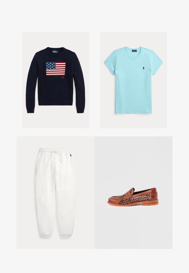 Marineblå strikket sweater med et tekstureret amerikansk flagdesign i rød, hvid og blå. Ribstrikkede manchetter og kant, med "RL"-logo nær kanten.; Lyseblå bomulds t-shirt med rund hals og korte ærmer. Har en lille mørkeblå polo-logo på venstre bryst. Glat tekstur.; Hvide sweatpants med elastisk linning, snøre og elastiske manchetter, med lille mørkeblå broderet logo på venstre hofte.; Brun læder herreloafer med sort og hvid perforeret mønster og orange sål, vist fra siden på hvid baggrund.