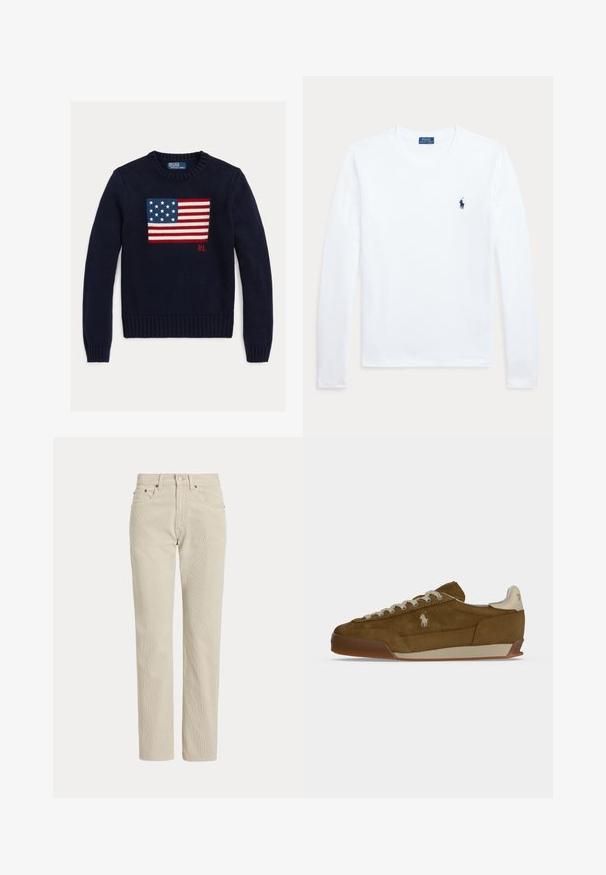 Pull en maille bleu marine avec un motif texturé du drapeau américain en rouge, blanc et bleu. Poignets et ourlet côtelés, avec le logo « RL » près de l'ourlet.; T-shirt blanc à manches longues avec col rond et petit logo Polo Ralph Lauren bleu marine sur le côté gauche de la poitrine.; Pantalon en velours côtelé beige droit avec passants de ceinture, bouton à l'avant, fermeture éclair et poches avant.; Baskets en daim marron avec lacets crème, semelle épaisse et petit logo blanc brodé sur le côté.
