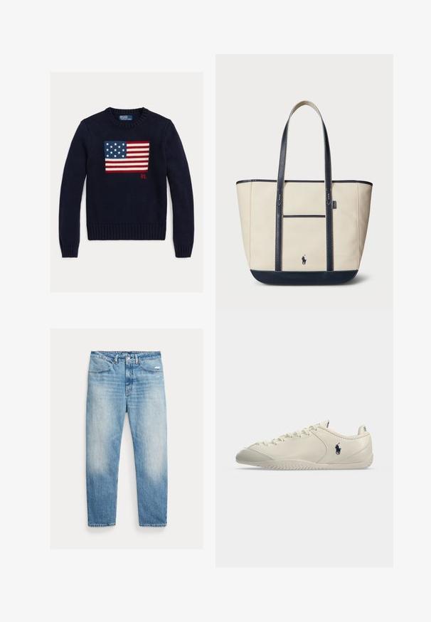 Marineblauer Strickpullover mit einem strukturierten Motiv der amerikanischen Flagge in Rot, Weiß und Blau. Gerippte Bündchen und Saum, mit "RL"-Logo nahe dem Saum.; Hellblaue, verwaschene Jeans mit geradem Bein, Vordertaschen, Knopf- und Reißverschluss sowie leichter Abnutzung am rechten Oberschenkel.; Niedrigprofiliger cremefarbener Ledersneaker mit Schnürung vorne, strukturierter Sohle und schwarzem Polo-Spieler-Logo an der Seite.; Handtasche aus Canvas in Creme mit navyblauen Akzenten. Verfügt über zwei lange Griffe, eine Vordertasche und ein kleines Logo. Genähte Details insgesamt.
