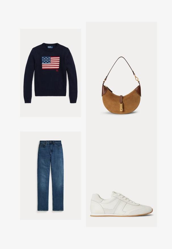 Marineblå strikket sweater med et tekstureret amerikansk flagdesign i rød, hvid og blå. Ribstrikkede manchetter og kant, med "RL"-logo nær kanten.; Straight-leg blå denim jeans med fem lommer, knaplukning og subtil falmning på lår og knæ, lagt fladt på hvid baggrund.; Hvid lavtop sneaker med snørelukning foran, ruskind- og læderpaneler og en lysebrun gummisål på en hvid baggrund.; Brun ruskind halv-måne taske med mørkebrune læderdetaljer, guldfarvet hardware og kort skulderrem.