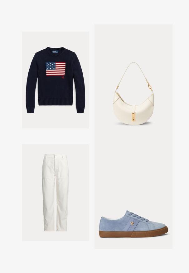 Marineblå strikket sweater med et tekstureret amerikansk flagdesign i rød, hvid og blå. Ribstrikkede manchetter og kant, med "RL"-logo nær kanten.; Hvide bukser med lige ben, store foran-lommer, bæltestropper og lukning med knap i taljen.; Lyseblå ruskind lavt sneakers med brun gummisål og lille gyldent logo på sidelisten, vist i højre side.; Kremfarvet halvmåne lædertaske med kort rem og guldfarvet spænde med lille indgraveret logo.