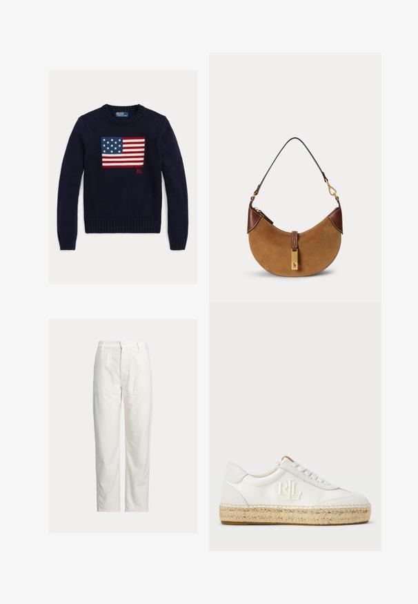 Marineblå strikket sweater med et tekstureret amerikansk flagdesign i rød, hvid og blå. Ribstrikkede manchetter og kant, med "RL"-logo nær kanten.; Hvide bukser med lige ben, store foran-lommer, bæltestropper og lukning med knap i taljen.; Hvide lærreds sneakers med en struktureret espadrille sål, broderet RL-logo på siden og traditionelle runde snørebånd.; Brun ruskind halv-måne taske med mørkebrune læderdetaljer, guldfarvet hardware og kort skulderrem.
