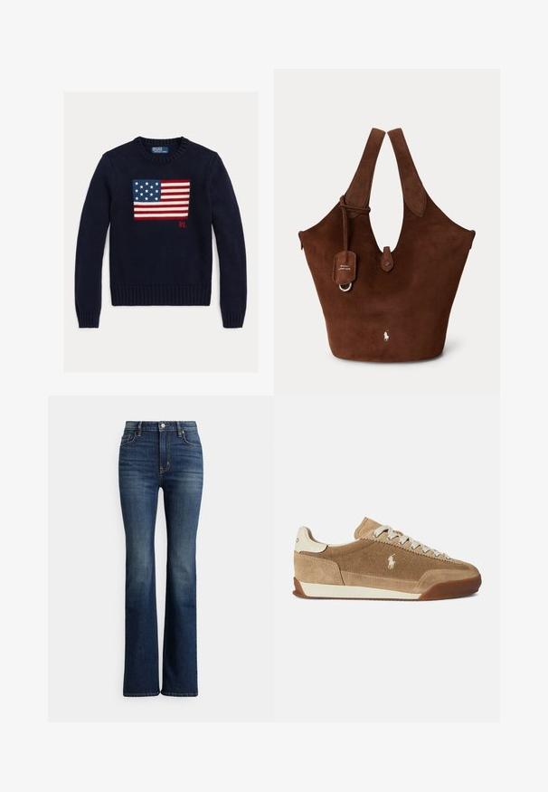Marineblå strikket sweater med et tekstureret amerikansk flagdesign i rød, hvid og blå. Ribstrikkede manchetter og kant, med "RL"-logo nær kanten.; Mørkeblå højhælede bootcut-jeans med høj talje, forreste knap og lommer, let falmede områder på lår og knæ, vist på hvid baggrund.; Lysebrune ruskindsneakers med lav profil, cremefarvede detaljer, snørelukning og gummiydersål. Har en lille logo på siden.; Brun ruskindstaske med brede håndtag, frontknaplukning og lille Polo Ralph Lauren-logo nær bunden centrum.