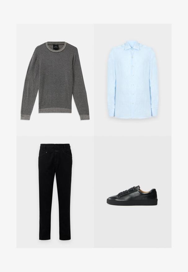 Suéter de punto en gris con un patrón de diamantes texturizado. Presenta un cuello redondo acanalado y puños, con un dobladillo gris sólido.; Camisa azul claro de manga larga con botones y cuello clásico, presentada plana sobre un fondo neutro.; Pantalones de mezclilla negra con un diseño de pierna recta, que cuentan con un cierre de botón, estilo de cinco bolsillos y una textura suave.; Zapatilla negra de cuero con una textura suave, puntera redonda y cierre de cordones. Presenta una suela de goma gruesa y un detalle de marca mínimo.