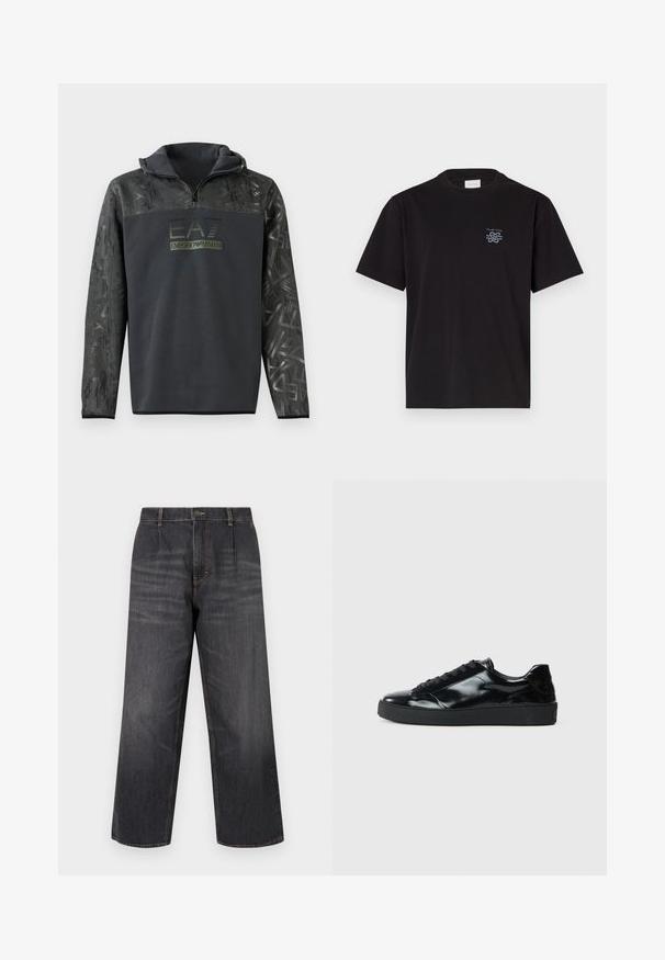 Sort hættetrøje med halvlukning, der har et tekstureret grafisk mønster på ærmerne og et logo-tryk i mørkegrøn farve på brystet.; Sort bomulds t-shirt med rund hals og korte ærmer. Har et lille blåt logo på venstre bryst. Simpel, lige snit design.; Mørk denim bukser med vide ben og høj talje, med kontrastsyninger, knappelukning og to forlommer. Glat tekstur, lige snit.; Sorte laklæder sneakers med rund tå, snørredesign, tekstureret gummisål og en glat overflade.