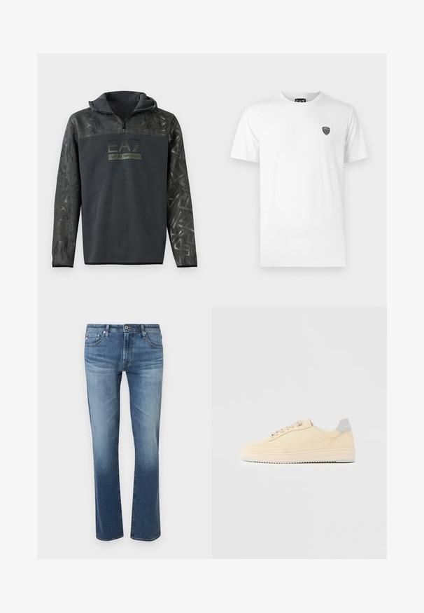 Sudadera negra con capucha y media cremallera, que cuenta con un patrón gráfico texturizado en las mangas y una impresión de logo en verde oscuro en el pecho.; Camiseta de algodón blanca con mangas cortas, que presenta un pequeño logo negro en la parte izquierda del pecho. Diseño clásico de cuello redondo.; Vaqueros de hombre azules descoloridos de corte recto con cierre frontal de botones y cremallera, bolsillos delanteros y traseros, mostrados sobre fondo blanco.; Zapatilla deportiva beige de corte bajo con cierre de cordones en la parte delantera, suela rosa claro y lengüeta trasera gris con la marca "Filling Pieces", mostrada de perfil sobre un fondo liso.