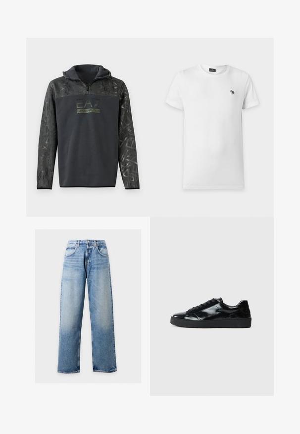 Sort hættetrøje med halvlukning, der har et tekstureret grafisk mønster på ærmerne og et logo-tryk i mørkegrøn farve på brystet.; Hvid t-shirt med korte ærmer og rund halsudskæring med et lille sort-hvidt stribet zebra-logo på venstre bryst.; Lyseblå vidde ben jeans med frontlommer, bæltestropper og knaplukning mod en ensfarvet baggrund.; Sorte laklæder sneakers med rund tå, snørredesign, tekstureret gummisål og en glat overflade.