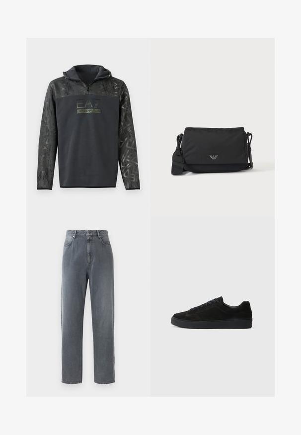 Must have hoodiga, millel on pool tõmblukk, tekstureeritud graafilise mustriga varrukatel ja tumeroheline logo trükk rinnal.; Kõrge vöökohaga sirged teksad häguses hallis denimis, millel on viis taskut, nööpidega sulgemine ja peened pleekimise detailid kangal.; Must have musta tennisjalats madala, tekstuuriga talla, ümara varbaga, kuue silmaga paelte jaoks ja minimalistlik disain.; Must ristkott-kott reguleeritava rihma ja väikese hõbedase logoga esipaneelil, esitatud lihtsal heledal taustal.