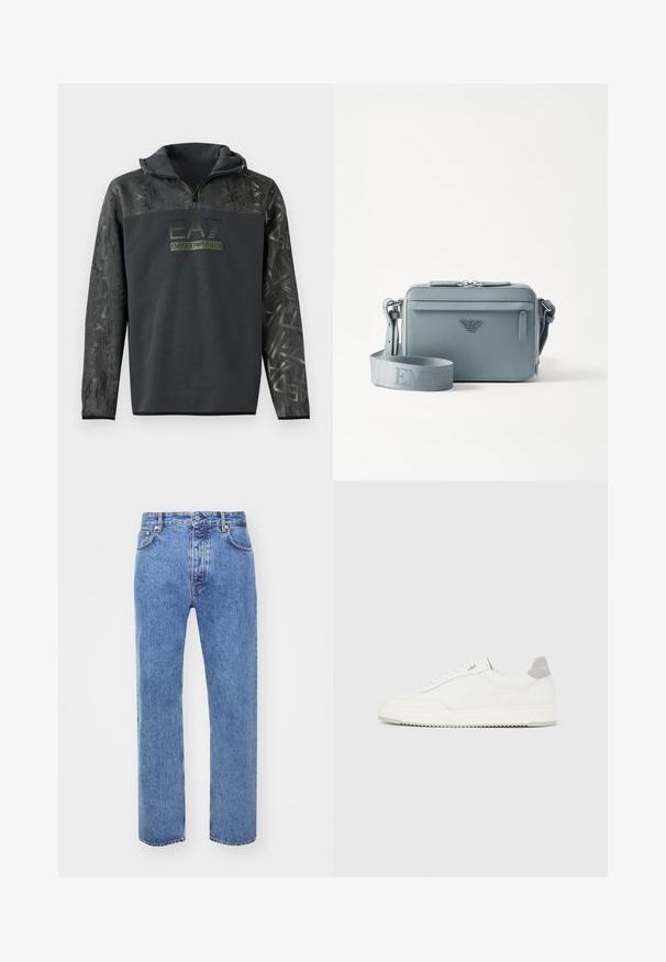 Sudadera negra con capucha y media cremallera, que cuenta con un patrón gráfico texturizado en las mangas y una impresión de logo en verde oscuro en el pecho.; Won Hundred STEVE - Vaqueros boyfriend - cut blue; Zapatilla blanca de corte bajo con pestaña en el talón gris, cordones blancos y suela texturizada, presentada sobre un fondo claro y liso.; Bolso bandolera estructurado azul hecho de material texturizado, con cierre de cremallera, bolsillo frontal y correa ajustable con la marca "EMPOR".