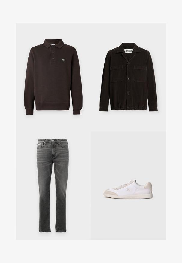 Brun langærmet polo shirt lavet af tekstureret stof, med en tre-knaps placket og et lille Lacoste-logo på brystet.; Sort fløjls skjortejakke med lange ærmer, krave, forreste knapper, to brystlommer og elastisk kant, mærket Drykorn.; Mørkegrå denimbukser med lige ben, fem-lomme design, subtile falmende mønstre og metalbeslag ved taljen.; Hvid og beige lavsko med snørelukning foran, ruskindsdetaljer og "cK" logo på siden, vist i profil mod en ensfarvet baggrund.