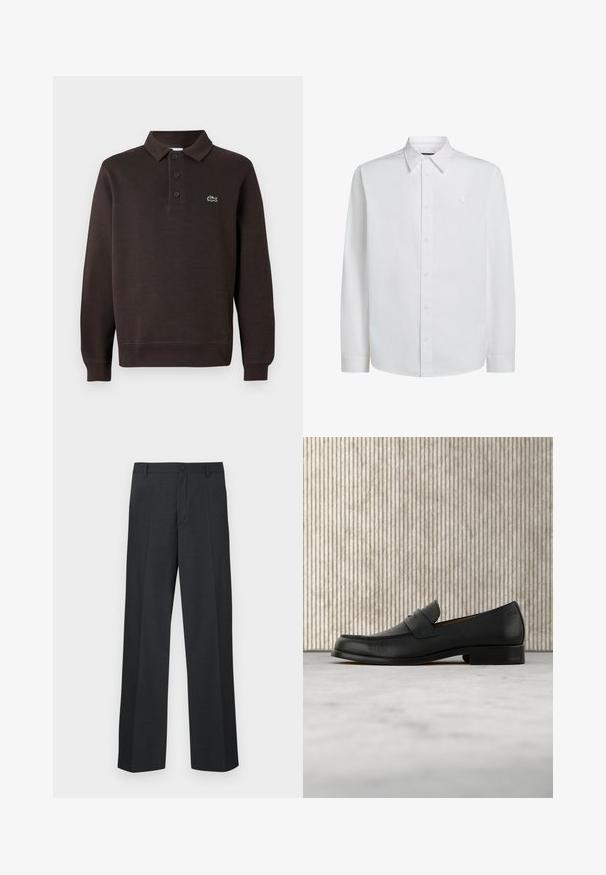 Brun langærmet polo shirt lavet af tekstureret stof, med en tre-knaps placket og et lille Lacoste-logo på brystet.; Hvid skjorte med lange ærmer og knapper, lavet af glat stof; har en klassisk krave og et lille broderet logo på venstre bryst.; Mørkegrå bukser med lige ben, lavet af tekstureret stof, med enkel knaplukning og sidelommer.; Sort lædersko i loafer-stil svæver over et beige tæppe med et blankt brunt rundt bord i baggrunden.