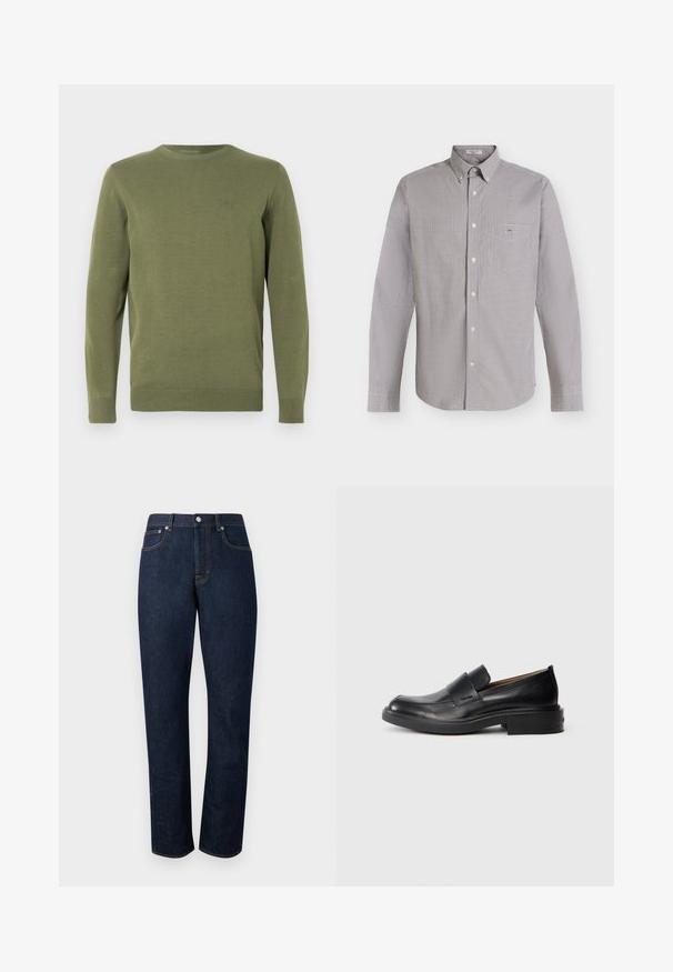 Pull à col rond à manches longues de couleur vert olive avec des bords côtelés aux poignets et à l'ourlet, arborant un logo brodé discret sur le côté gauche de la poitrine.; Chemise à manches longues boutonnée avec petit motif à carreaux noir et blanc et une poche poitrine sur fond clair.; Jean en denim bleu foncé à jambes droites avec cinq poches, fermeture à boutons à l'avant, et surpiqûres contrastantes sur un fond uni.; Chaussure habillée noire en cuir, à enfiler, avec un petit talon et un logo Calvin Klein discret sur le côté, présentée de profil sur un fond blanc.