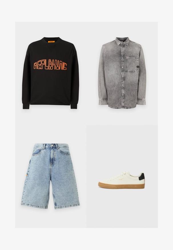 Zwarte sweatshirt van katoen met een v-hals en lange mouwen. "REPLAYING" is in het oranje gedrukt, omrand in een afgeronde stijl.; Grijze denim knopsluiting overhemd, lange mouwen, stof van gemiddelde dikte, enkele borstzak, vervaagde afwerking met contrasterende knopen, klassieke kraag.; Blauwe denim shorts met een hoge taille, losse pasvorm, vijf zakken en zichtbare stiksels. Glad oppervlak met een lichte wassing.; Witte canvas sneaker met een gum rubberen zool, zwart accent op de hiel, ronde neus en vetersluiting. Bevat het merlogo in goud aan de zijkant.