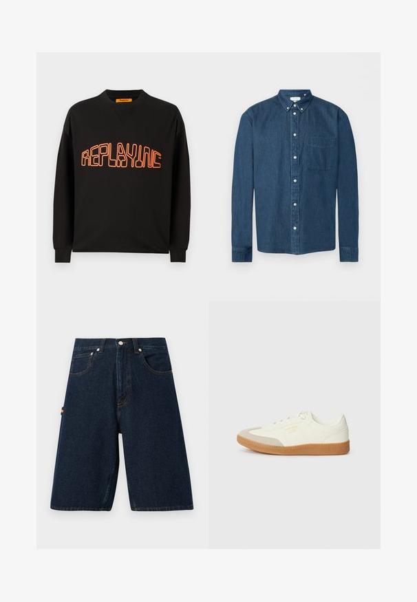 Zwarte sweatshirt van katoen met een v-hals en lange mouwen. "REPLAYING" is in het oranje gedrukt, omrand in een afgeronde stijl.; Donkerblauw denim overhemd met knopen, lange mouwen, een voorzak aan de linkerkant en een button-down kraag, weergegeven op een witte achtergrond.; Donkerdenim shorts met een losse snit, vijf zakken en contrasterende oranje stiksels. Heeft een klassieke knoop- en ritssluiting.; Schoen gemaakt van wit leer met een beige teenkap en een lichtbruine rubberen zool. Voorzien van platte witte veters en reliëfbranding aan de zijkant.