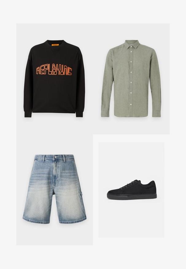 Schwarzer Sweatshirt aus Baumwolle mit V-Ausschnitt und langen Ärmeln. "REPLAYING" ist in Orange aufgedruckt, umrissen in einer abgerundeten Schriftart.; Langärmliges, kragenförmiges Hemd in Hellgrün, aus strukturiertem Stoff, mit durchgehendem Knopfverschluss und geradem Saum.; Jeans-Shorts in einem verblassten Blauton, lockere Passform und gerade Schnittführung. Verfügt über fünf Taschen und Gürtelschlaufen mit einem dezenten, gebrauchten Muster.; Schwarzer Low-Top-Sneaker mit Schnürung vorne und flacher Gummisohle, seitlich auf weißem Hintergrund dargestellt.