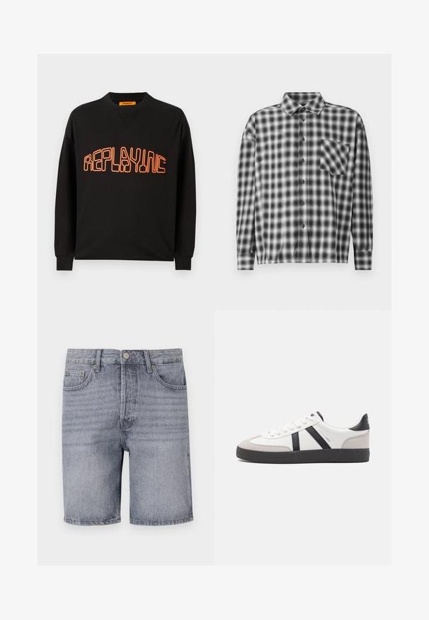 Schwarzer Sweatshirt aus Baumwolle mit V-Ausschnitt und langen Ärmeln. "REPLAYING" ist in Orange aufgedruckt, umrissen in einer abgerundeten Schriftart.; Schwarz-weiße karierte Langarmbluse aus weichem Stoff, mit einer durchgehenden Knopfleiste und Brusttasche. Mit Kragen und lockerem Schnitt.; Hellgraue Denim-Shorts mit klassischem Schnitt, fünf Taschen, Knopfverschluss und leicht verblichenem Material.; Weiße Sneaker mit schwarz- und grau-aczenten, ausgestattet mit einer strukturierten grauen Zehenkappe, schwarzer Gummi-Sohle und flachen weißen Schnürsenkeln. Sauberes Design, minimalistische Stil.