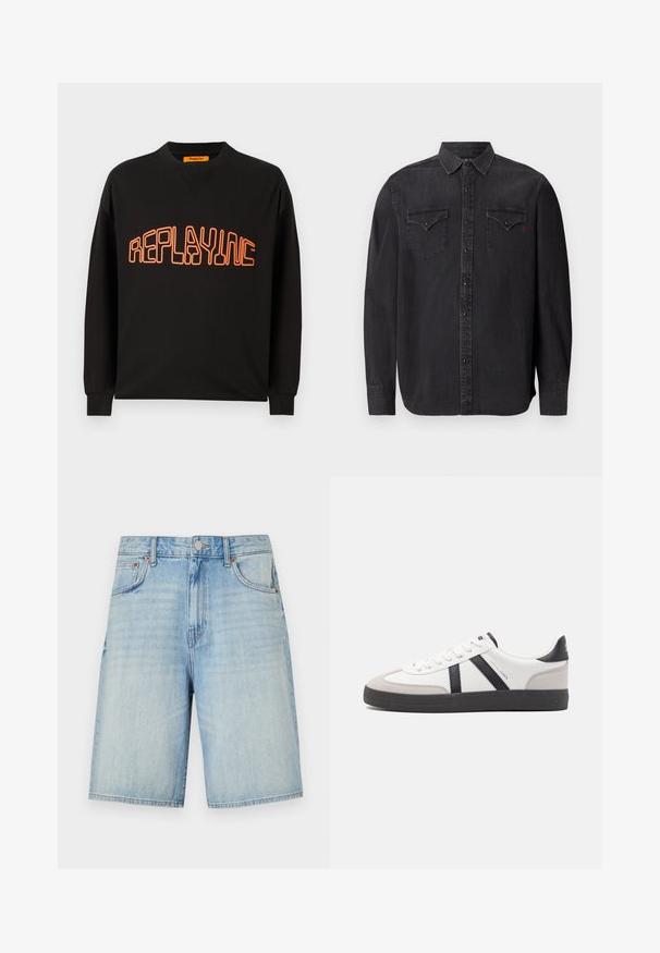 Sort sweatshirt lavet af bomuld med v-hals og lange ærmer. "REPLAYING" er trykt i orange med rundet udgave.; Langærmet sort denimskjorte med klassisk krave, trykknaplukninger, to brystlommer og en subtil rød logo-detail.; Lyseblå denimshorts med lige skæring, forsynet med knap- og lynlåslukning, fem lommer og en let slidtblandet finish.; Hvide sneakers med sorte og grå detaljer, med en tekstureret grå tåhætte, sort gummisål og flade hvide snørebånd. Rent design, minimalistisk stil.