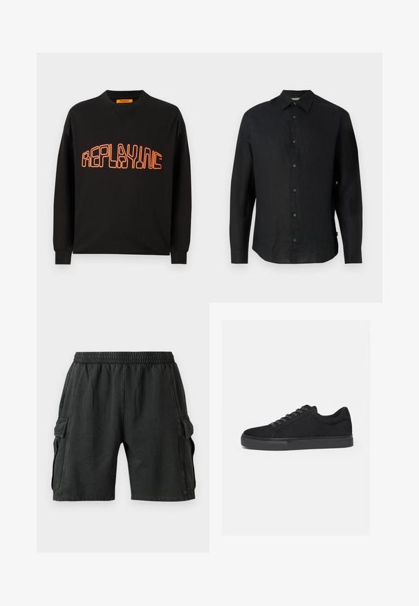 Sweatshirt noir en coton avec un col en V et des manches longues. "REPLAYING" est imprimé en orange, avec un contour arrondi.; Chemise noire à manches longues en lin léger. Dotée d'un col pointu, d'une fermeture à boutons sur le devant et d'un ourlet droit. Texture douce.; Shorts cargo noirs avec une taille élastique, deux poches latérales et deux poches cargo sur les côtés. Fabriqués dans un tissu doux et léger.; Baskets basses noires avec fermeture à lacets à l'avant et semelle en caoutchouc plate, vues de profil sur fond blanc.