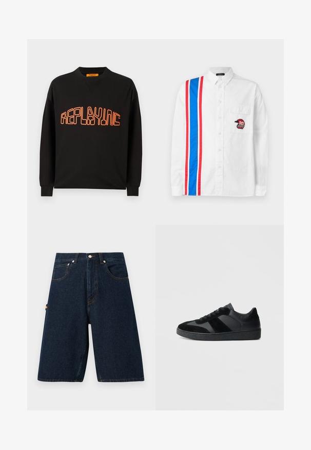 Sort sweatshirt lavet af bomuld med v-hals og lange ærmer. "REPLAYING" er trykt i orange med rundet udgave.; Hvid skjorte med knapper, der har et blåt og rødt stribedesign på den ene side og et sort broderet hjelm-patch på brystlommen.; Mørke denimshorts med løs pasform, fem-lommer design og kontrastende orange syninger. Har en klassisk knap- og lynlåslukning.; Sorte sneakers med en kombination af glat læder og ruskind, med en tekstureret sort gummisål og subtil stripingdetalje.