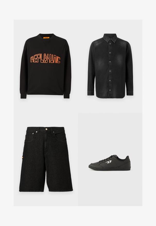 Sort sweatshirt lavet af bomuld med v-hals og lange ærmer. "REPLAYING" er trykt i orange med rundet udgave.; Sort denimskjorte med button-down krave, lange ærmer og frontlukning med knapper. Har diskret falmning og en skræddersyet pasform.; Sorte denimshorts med et klassisk fem-lomme design, sølvhardware og en diskret orange detalje på sidelommen.; Sorte syntetiske sneakers med en struktureret sort sål, rund tå og flade sorte snørebånd. Fremtrædende hvidt logo på ydersiden.