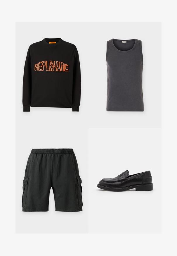 Schwarzer Sweatshirt aus Baumwolle mit V-Ausschnitt und langen Ärmeln. "REPLAYING" ist in Orange aufgedruckt, umrissen in einer abgerundeten Schriftart.; Dunkelgraues geripptes ärmelloses Tanktop mit rundem Ausschnitt, flach auf hellem Hintergrund dargestellt.; Schwarze Cargo-Shorts mit einem elastischen Bund, zwei Seitentaschen und zwei Cargo-Taschen an den Seiten. Hergestellt aus einem weichen, leichten Material.; Schwarze Lederloafer mit abgerundetem Zeh, farblich abgestimmtem Nähen und einem Riemendetail an der Vorderseite. Gummi-Sohle mit niedrigem Absatz.