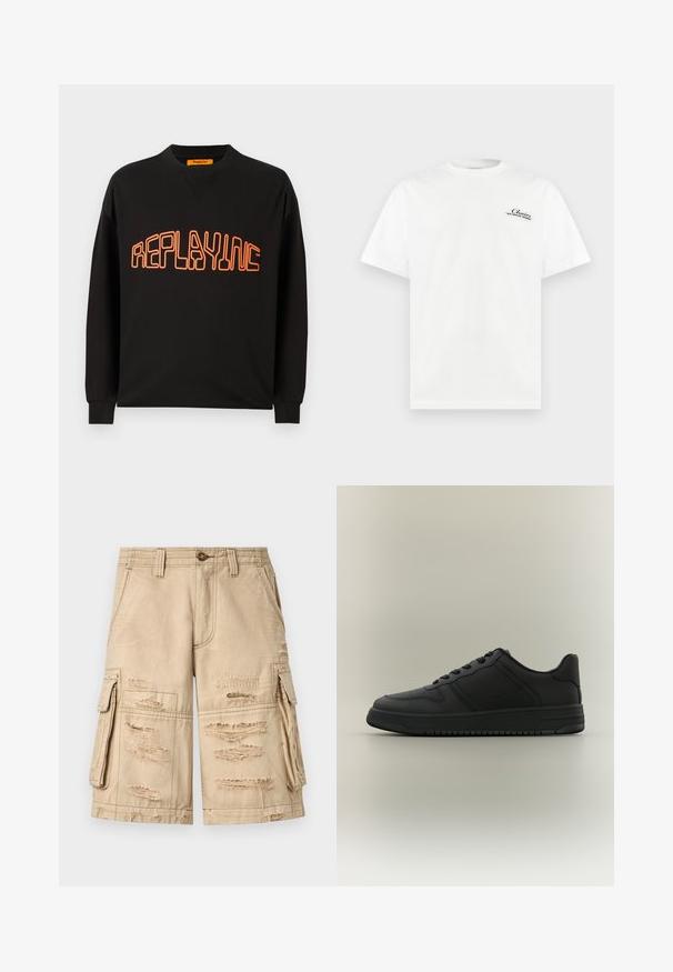 Schwarzer Sweatshirt aus Baumwolle mit V-Ausschnitt und langen Ärmeln. "REPLAYING" ist in Orange aufgedruckt, umrissen in einer abgerundeten Schriftart.; Weißes T-Shirt mit kurzen Ärmeln und Rundhalsausschnitt, mit kleinem schwarzem Text "Chair's MID CENTURY MODERN" auf der oberen linken Brust.; Beige Cargo-Shorts mit mehreren abgenutzten Patches und seitlichen Klappentaschen, Knopfverschluss und Gürtelschlaufen auf weißem Hintergrund.; Schwarzer Sneaker mit niedrigem Schaft, strukturierten Paneelen, Schnürverschluss und dicker Sohle vor neutralem grauem Hintergrund.