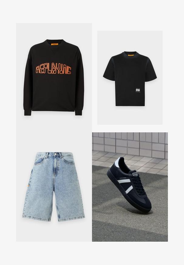 Zwarte sweatshirt van katoen met een v-hals en lange mouwen. "REPLAYING" is in het oranje gedrukt, omrand in een afgeronde stijl.; Zwart T-shirt met korte mouwen en ronde hals, met een kleine witte tandwielafbeelding en de tekst "Replay Inc." nabij de onderkant aan de rechterzijde.; Blauwe denim shorts met een hoge taille, losse pasvorm, vijf zakken en zichtbare stiksels. Glad oppervlak met een lichte wassing.; Zwarte leren sneaker met witte strepen, een gestructureerde rubberen zool en vetersluiting aan de voorkant. Voorzien van een merklabel op de tong.