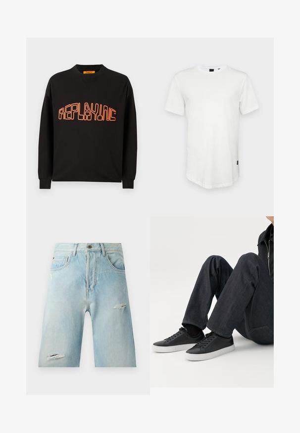 Sort sweatshirt lavet af bomuld med v-hals og lange ærmer. "REPLAYING" er trykt i orange med rundet udgave.; Hvid kortærmet t-shirt lavet af bomuld, med rund halsudskæring og en let forlænget ryg, samt en lille logoaccent på siden.; Lysblå denimshorts med en afslappet pasform, der har slidte detaljer, sidelommer og en enkelt knaplukning øverst.; Person siddende med bøjede ben, iført mørkeblå jeans og sorte lave sneakers med hvide såler på en hvid baggrund.