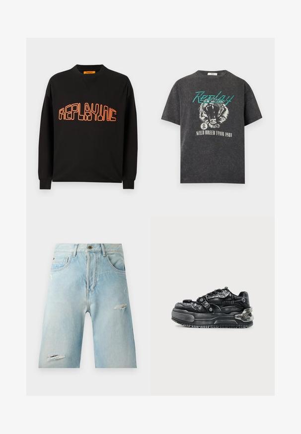 Schwarzer Sweatshirt aus Baumwolle mit V-Ausschnitt und langen Ärmeln. "REPLAYING" ist in Orange aufgedruckt, umrissen in einer abgerundeten Schriftart.; Schwarz gewaschenes T-Shirt mit türkisfarbenem "Replay"-Schriftzug, brüllendem Tiger-Design und weißem "Wild Breed Tour 1981"-Text darunter.; Hellblaue Denim-Shorts mit einer lockeren Passform, featuring distressierte Akzente, seitliche Taschen und einen einzelnen oberen Knopfverschluss.; Schwarzer klobiger Sneaker mit dicker Sohle, Schnürdesign, strukturierten Riemen und Metallakzenten an Ferse und Seiten vor hellem Hintergrund.