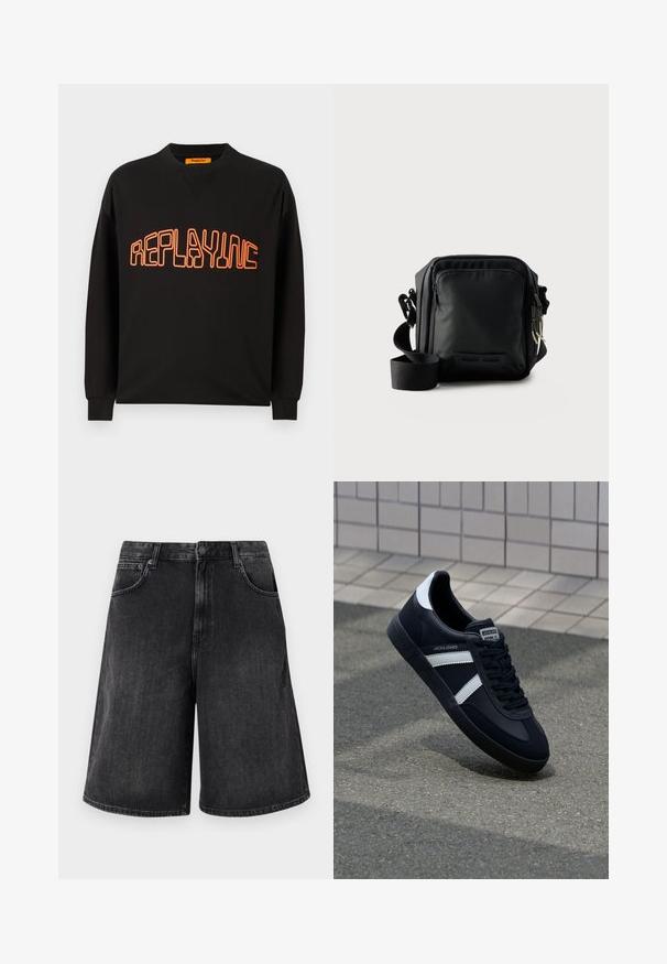 Schwarzer Sweatshirt aus Baumwolle mit V-Ausschnitt und langen Ärmeln. "REPLAYING" ist in Orange aufgedruckt, umrissen in einer abgerundeten Schriftart.; Schwarze Jeans-Shorts mit einem weit geschnittenen, geraden Schnitt, mit einem Frontknopfverschluss und fünf Taschen. Weiche Textur mit einem verwehten Finish.; Schwarze Leder-Sneaker mit weißen Streifen, strukturiertem Gummisohle und Schnürung. Verfügt über ein Markenetikett auf der Zunge.; Schwarze kompakte Umhängetasche mit vorderer Reißverschlusstasche, verstellbarem Riemen und strukturiertem Stoff vor einfarbigem Hintergrund.