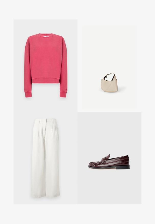 Sweat-shirt rose vif à col ras du cou avec manches longues et poignets et taille côtelés, présenté à plat sur un fond uni.; Pantalon large beige clair en tissu texturé, avec plis à l'avant et taille haute. Surface lisse avec peu de détails.; Mocassin penny en cuir bordeaux avec semelle noire et détail en métal doré sur le dessus, présenté en vue latérale sur fond blanc.; Sac à main en cuir beige en forme de croissant avec une seule bandoulière et des coutures minimalistes, posé sur un fond blanc uni.