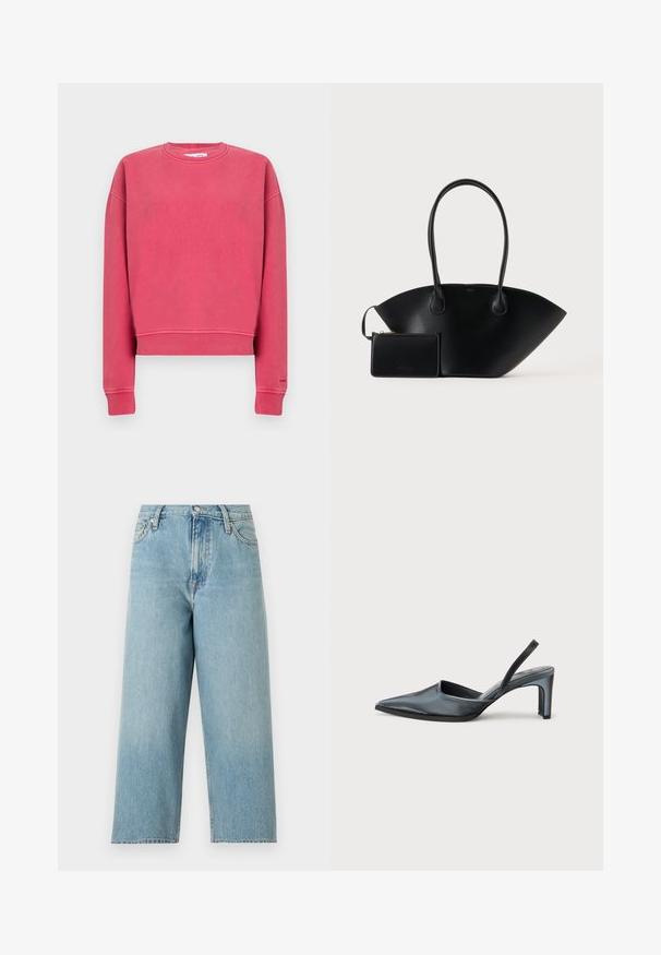 Sweat-shirt rose vif à col ras du cou avec manches longues et poignets et taille côtelés, présenté à plat sur un fond uni.; Jean bleu clair taille haute à jambes larges avec poches avant, passants pour ceinture et fermeture à bouton en métal.; Escarpin noir à bride arrière avec un bout pointu, une finition satinée élégante et un talon fin de 7,5 cm. Design latéral ouvert avec des détails de couture minimalistes.; Sac à main en cuir noir avec de longues anses et une petite pochette assortie zippée sur un fond uni.