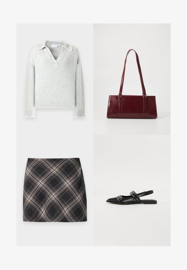 Pull en maille gris clair avec un col en V et un col, présentant des poignets et un ourlet côtelés, ainsi que des détails à bords festonnés.; Jupe mini à carreaux noir et beige avec un motif à checks diagonal, taille ajustée et texture de tissu lisse.; Even&Odd by Zalando Ballerines à brides arrière - black; Sac à main bordeaux en matériau brillant, de forme rectangulaire, avec deux anses et des accents légèrement courbés à l'avant.