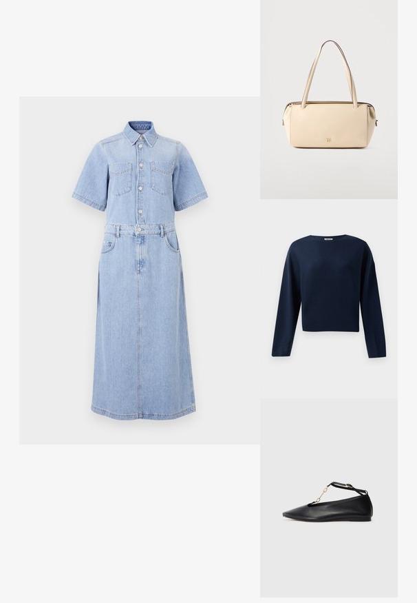 Marineblå, langærmet cropped sweater med rund hals, præsenteret mod en hvid baggrund.; Lyseblå denimskjortekjole med korte ærmer, to brystlommer, knapdækning, indsnævret talje med bælte og en lang A-linjeet nederdel.; Sorte læder balletflade sko med spids tå, udsnit design, ankelrem og guldkæde accent. Glat tekstur, minimal hæl.; Beige rektangulær håndtaske med to lange håndtag og et lille gyldent logo foran i midten mod en ensfarvet baggrund.