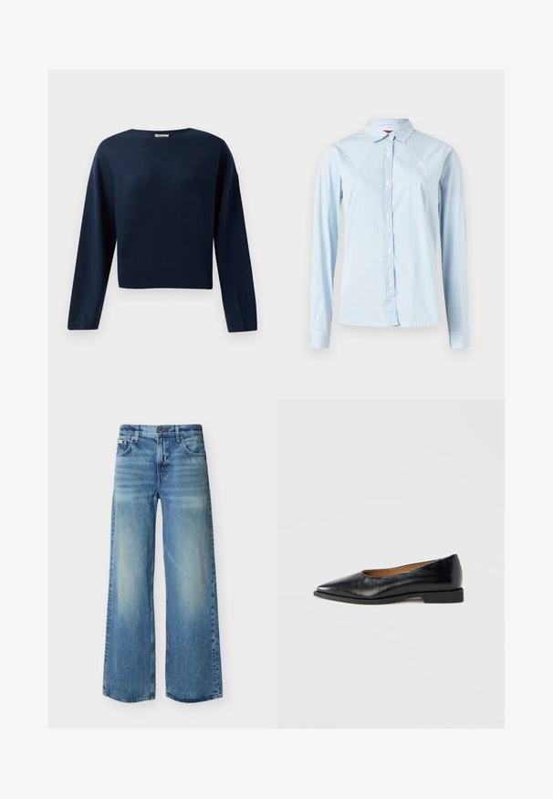 Marineblå, langærmet cropped sweater med rund hals, præsenteret mod en hvid baggrund.; Lyseblå langærmet skjorte med vertikale hvide striber, knaplukning foran, spidst krave og lille logo på brystet.; Lyseblå vidde jeans med forreste knap og lynlås, for- og baglommer samt subtile falmede detaljer på lår og knæ.; Sort læder flad sko med spids tå og lav firkantet hæl. Glat tekstur, minimalistisk design og uden synlige beslag eller mønstre.