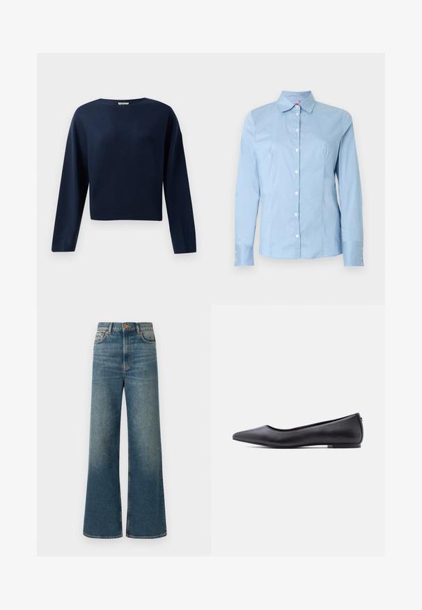 Marineblå, langærmet cropped sweater med rund hals, præsenteret mod en hvid baggrund.; Lyseblå langærmet skjorte med knapper, spids krave, glat bomuldstekstur og hvide knapper foran og på manchetterne.; Bredde ben jeans i medium blå denim, med høj talje, fem-lomme design og en subtil falmet finish. Kobberknap og syninger som detaljer.; Sort flad lædersko med spidst tåparti og lav hæl, vist i sideprofil mod en hvid baggrund.
