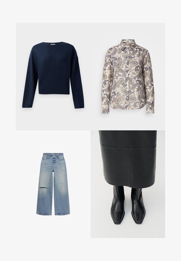 Marineblå, langærmet cropped sweater med rund hals, præsenteret mod en hvid baggrund.; Langærmet skjorte i let stof med et beige og blåt paisley-mønster, klassisk krave og knaplukning foran.; Lyseblå denimbukser med vide ben og slidte detaljer, herunder to revner foran, samt et design med fem lommer.; Sorte læder støvler med høj ankel, firkantet tådesign og sideskilt. Glat tekstur og minimal hardware; sammen med en sort lædernederdel.
