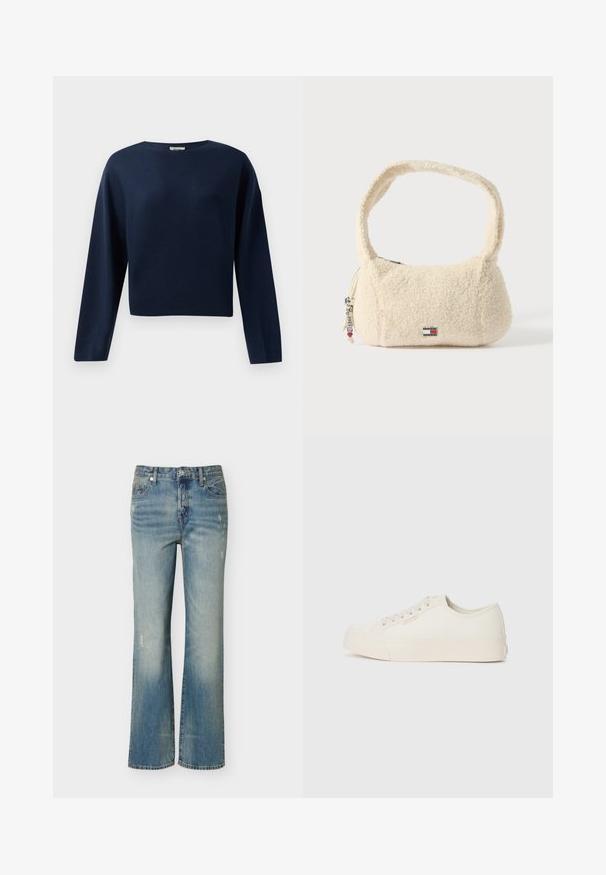 Suéter recortado de manga larga azul marino con un escote redondo, mostrado contra un fondo blanco.; Jeans de mezclilla azul claro con corte recto, lavado descolorido, desgaste sutil, cierre frontal de botones y diseño de cinco bolsillos.; Zapatillas de lona color marfil, con un diseño de corte bajo, punta redonda y suela de goma plana con un sutil detalle de costura.; Bolso de color crema hecho de material suave y texturizado con una correa curva, forma redondeada, cierre de cremallera y acento con logo de marca.