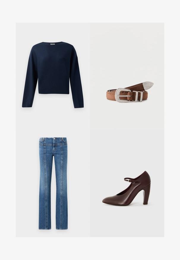 Marineblauwe lange mouwen cropped trui met een ronde halslijn, gepresenteerd tegen een witte achtergrond.; Blauwe jeans met hoge taille en rechte pijpen, voorzien van voornaaddetails, vijf zakken en knoopsluiting, afgebeeld tegen een lichtgrijze achtergrond.; Bordeaux leren hoge hak met een spitse neus, enkelbandje en een gladde textuur. Beschikt over een stevige blokhak en een minimalistisch ontwerp.; Bruine leren riem opgerold met een grote zilveren gesp en metalen uiteinde, geplaatst tegen een witte achtergrond.