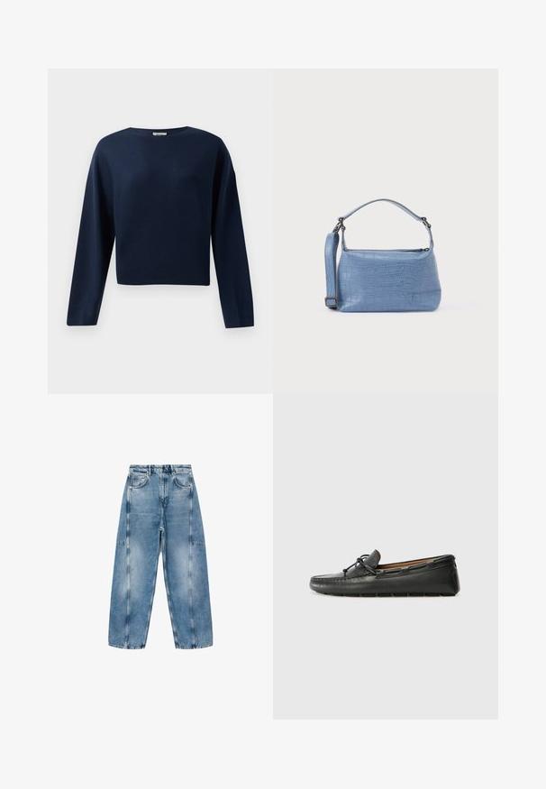 Pull cropped à manches longues bleu marine avec un col rond, présenté sur fond blanc.; Jeans en denim bleu clair avec une coupe décontractée, de grandes poches et des coutures contrastées. Le tissu a une finition délavée avec une texture lisse.; Bateau en cuir noir avec un bout arrondi, des détails de couture, un petit accent en nœud et une semelle en caoutchouc. Texture lisse et design épuré.; Sac à main bleu clair embossé façon crocodile avec une poignée courte et une bandoulière amovible. Texture lisse avec une fermeture éclair.