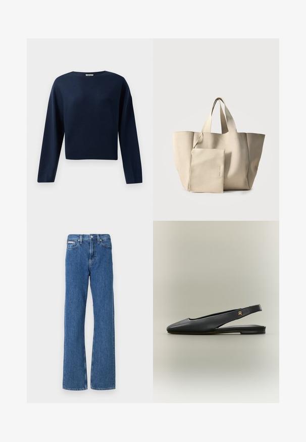 Marineblå, langærmet cropped sweater med rund hals, præsenteret mod en hvid baggrund.; Blå denim jeans med lige ben-design, der har en mellemhøj talje, forlommer og diskrete falmede detaljer.; Sort læder slingback flad sko med spids tå og guldt logo accent på remmen, vist på en neutral baggrund.; Beige ribbet stofnettaske med to håndtag, ledsaget af en matchende lynlåspung placeret foran.