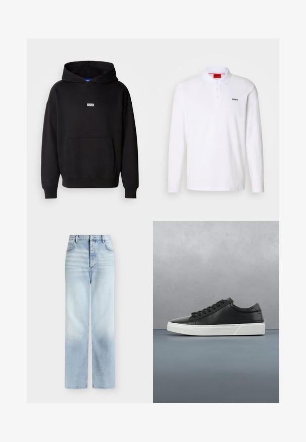 Must have kapuutsiga sviiter, mis on valmistatud pehmest kangast. Sellel on ees känguru-tasku ja rinnal väike valge "HUGO" logo.; Valge pika varrukaga polo särk, mis on tehtud puuvillast, krae ja kolme nupuga, must "HUGO" logo vasakul rinnal.; Hele sinised kõrge vöökohaga sirged teksapüksid esitaskute, vööaasade ja nööpkinnisega.; Must musta jooksujalats ümmarguse ninaga, tekstuuriga pind, valge kummist tallaga ja mustade paeltega. Minimalistlik disain koos sujuva profiiliga.